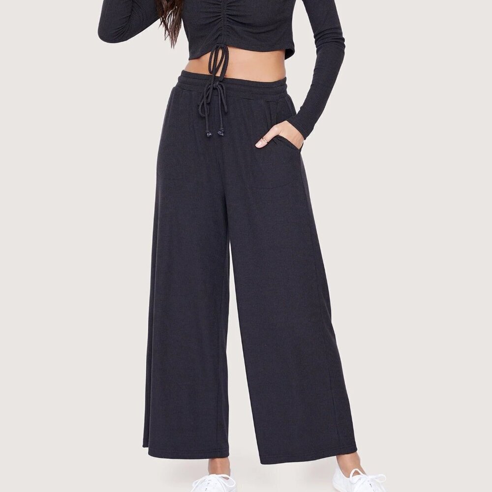 Lost + Wander Bitter Sweet Ribbed Wide Leg Pant - Black - L